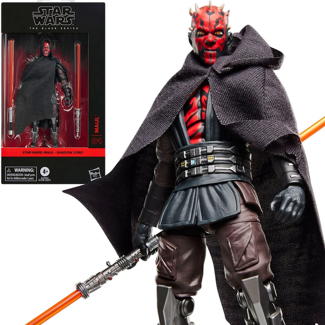 Red and black cloaked figure with spiked head and glowing orange double-bladed staff on white background