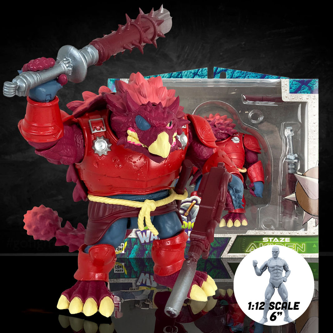 Staze Akiden Saurozoic Warriors action figure, a 1/12 scale Samurai Ankylosaur. The maroon-armored dinosaur warrior is shown in a Ronin-inspired outfit holding a large spiked club. 6-inch scale collectible by Boss Fight Studio.