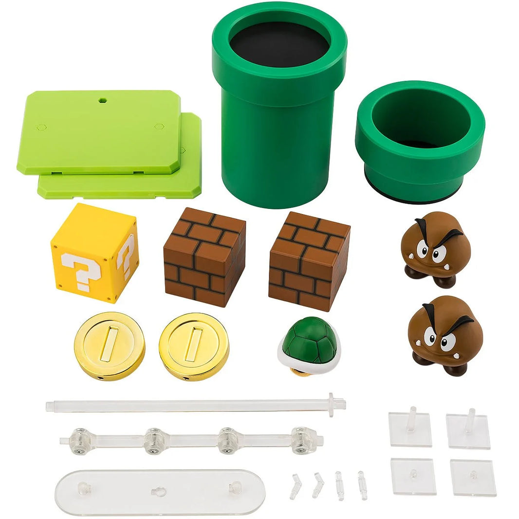 SuSuper Mario Bros S.H.Figuarts Action Figure Playset by Bandai Tamashii Nations includes pipes, blocks, coins, Goombas, and accessories by SH Figuarts.