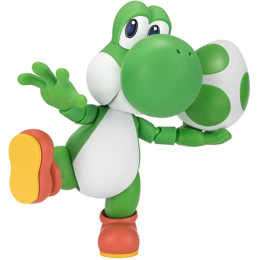 Super Mario Bros Yoshi S.H.Figuarts Action Figure by Bandai Tamashii Nations posed holding a green spotted egg by SH Figuarts