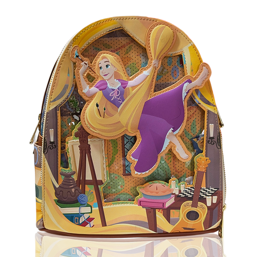 Disney Tangled 2026 Loungefly Cosplay Mini-Backpack In Hand featuring Rapunzel and artistic scene details by Loungefly.