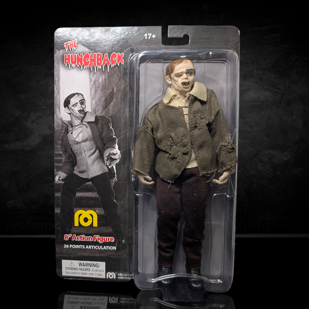 Mego 8-inch The Hunchback figure with torn jacket and detailed facial sculpt in vintage-style plastic packaging