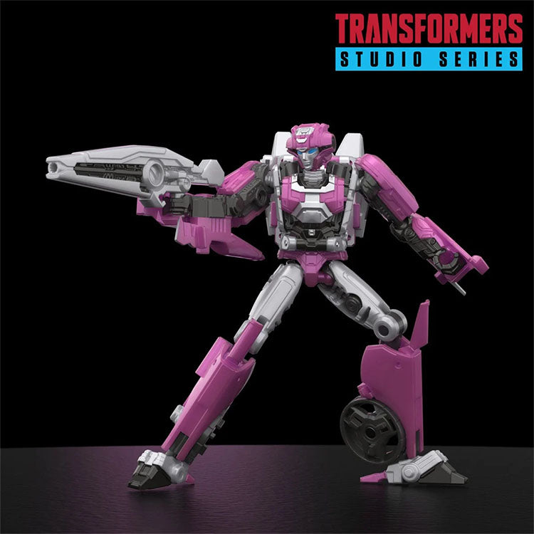 Hasbro Transformers Studio Series Deluxe Elita-1 action figure posed with weapon on black background