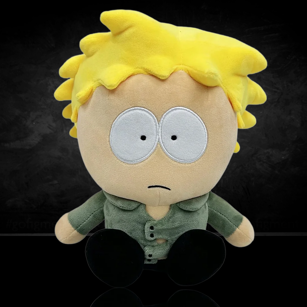 South Park Tweek 9-Inch Plush by Youtooz with yellow hair and green jacket sitting against black background