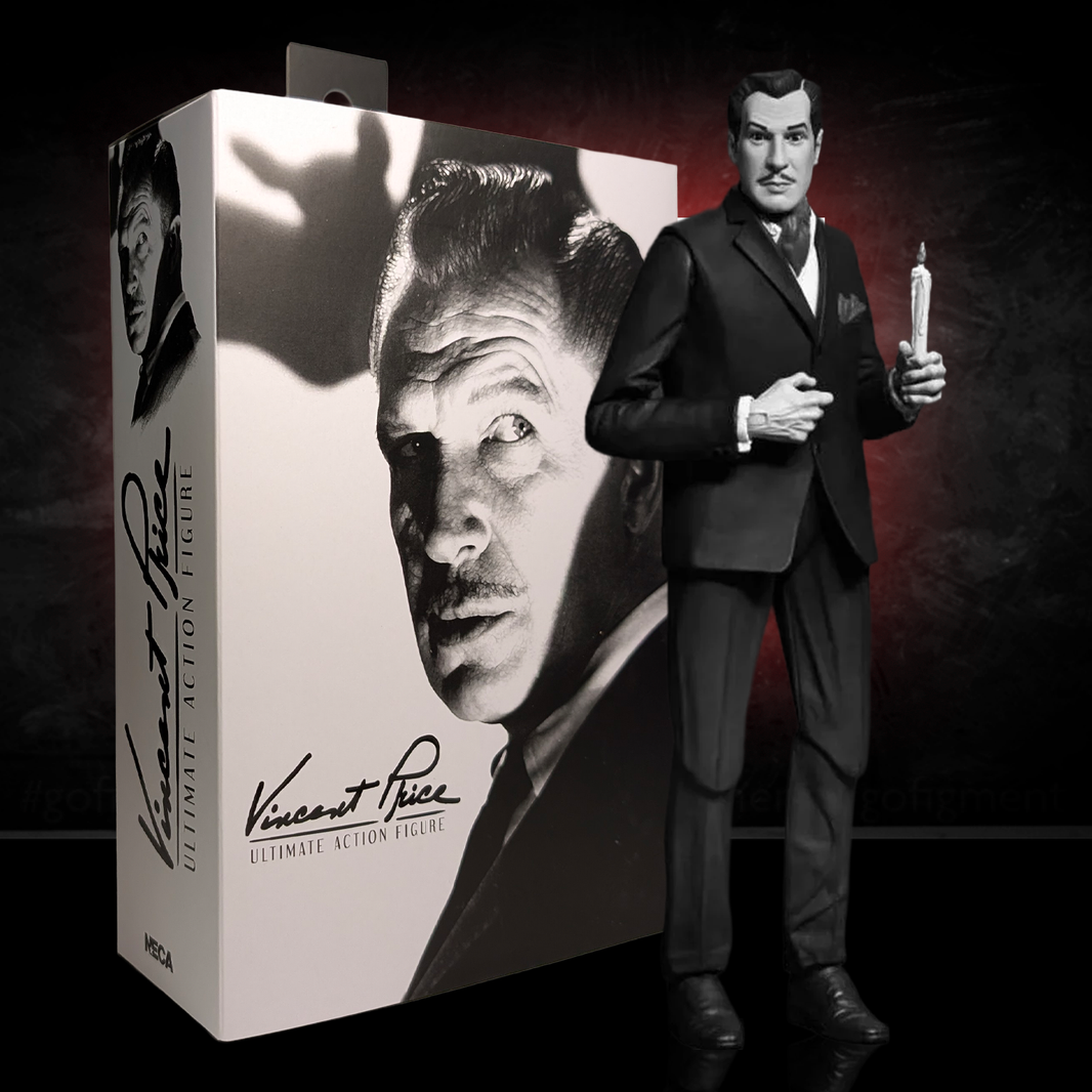 Vincent Price - Ultimate Silver Screen Edition B&W NECA 7-Inch Action Figure standing with candle next to box new in black suit