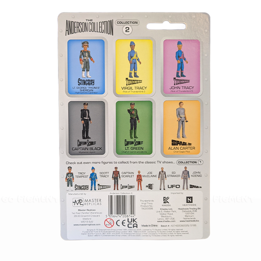 The Virgil Tracy 3.75" Thunderbirds 1:18 Scale Master Replica Retro Action Figure packaging back with character cards from The Anderson Collection.