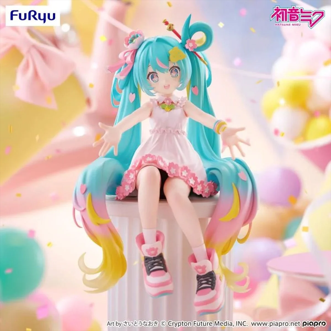 Hatsune Miku 10th Anniversary Noodle Stopper Statue FuRyu by Banpresto, colorful detailed figure with pink dress and long turquoise hair