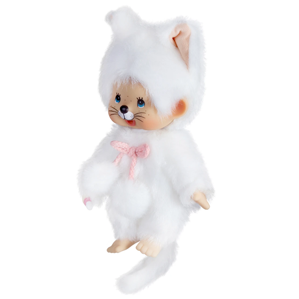 Vintage-style collectible doll dressed in a white fluffy cat costume with painted whiskers and blue eyes