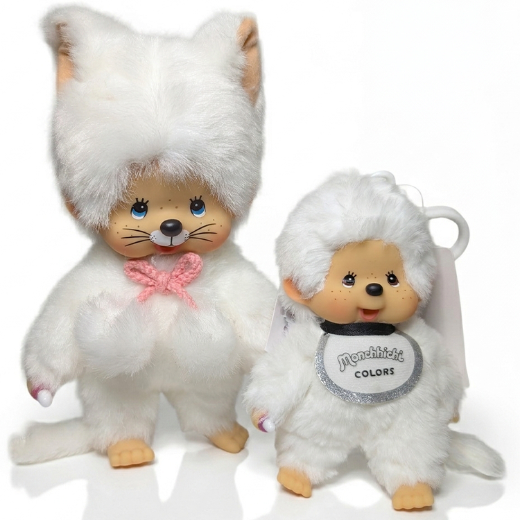 8" Monchhichi White Girls - Sold as Set White Cat and White Mascot by Go Figment