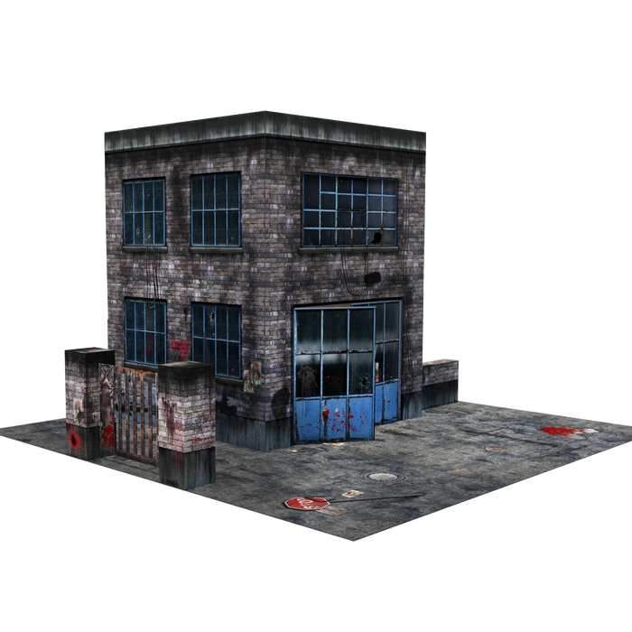 Model of a brick building with glass windows on a white background