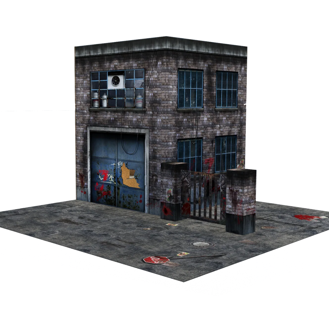 Model of a small building with a garage door on a white background