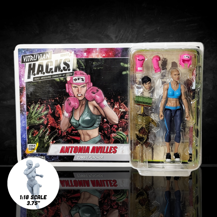 Vitrivian H.A.C.K.S. action figure of Antonia Avilles in packaging with a dark background