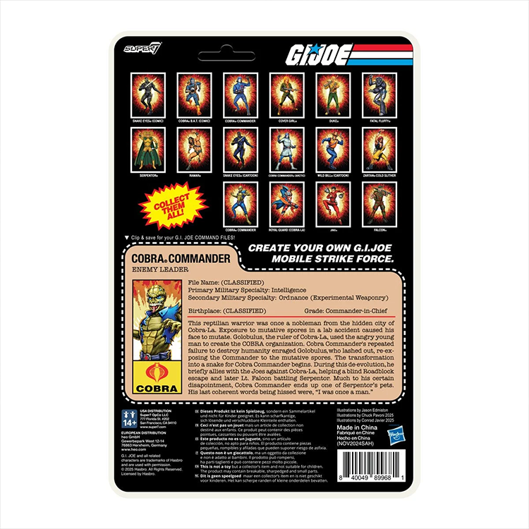 G.I. Joe Cobra Commander ReAction+ figure packaging with character bio and Hasbro branding on black background