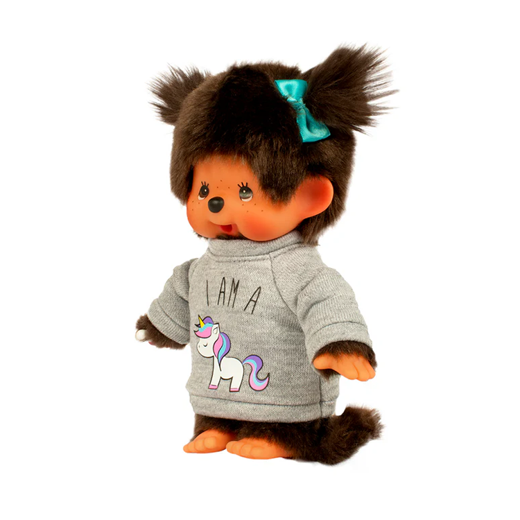 Official Sekiguchi 8-inch Monchhichi Girl Unicorn plush doll collectible, often searched as a pastel Monchichi toy.