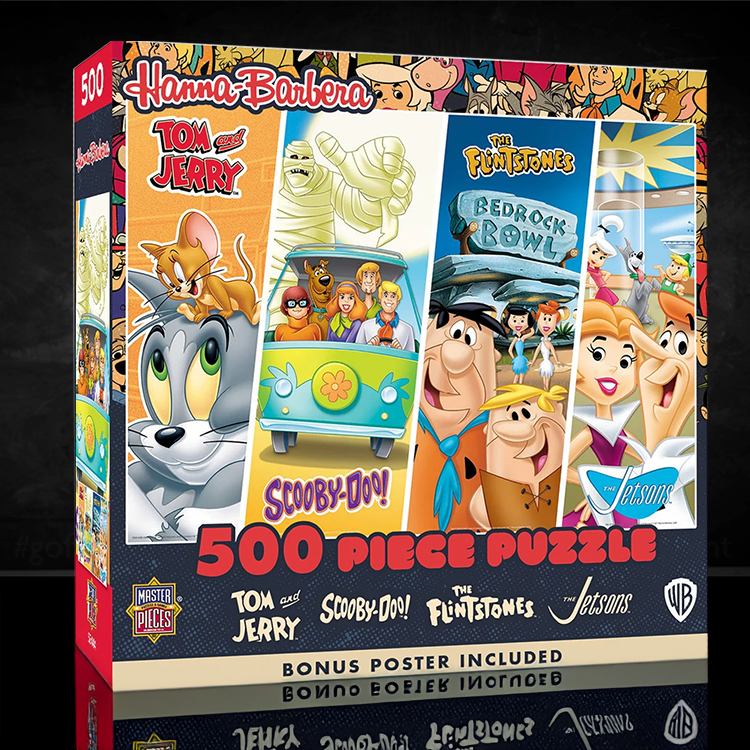 Hanna-Barbera Master Pieces 500 piece puzzle featuring Tom and Jerry, Scooby-Doo, Flintstones, and Jetsons characters with bonus poster