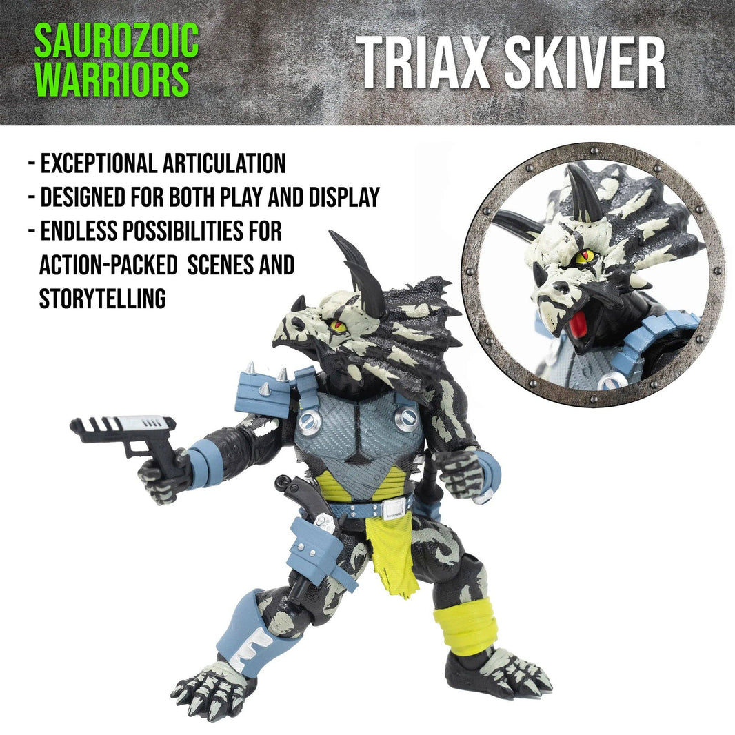 Triax Skiver Night Lands Edition action figure, a 1/12 scale Styracosaurus-inspired warrior in glow-in-the-dark green and black camo. Part of the Saurozoic Warriors collection, featuring a halberd axe, blaster pistols, and smoke grenades.