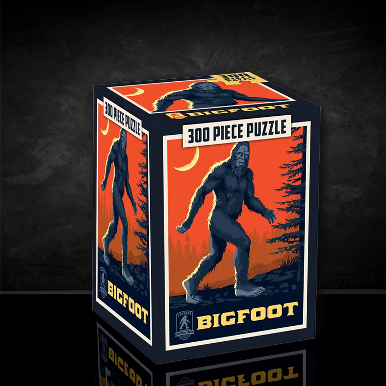 Big Foot 300 piece jigsaw puzzle box by Master Pieces with vintage orange and blue cryptid illustration