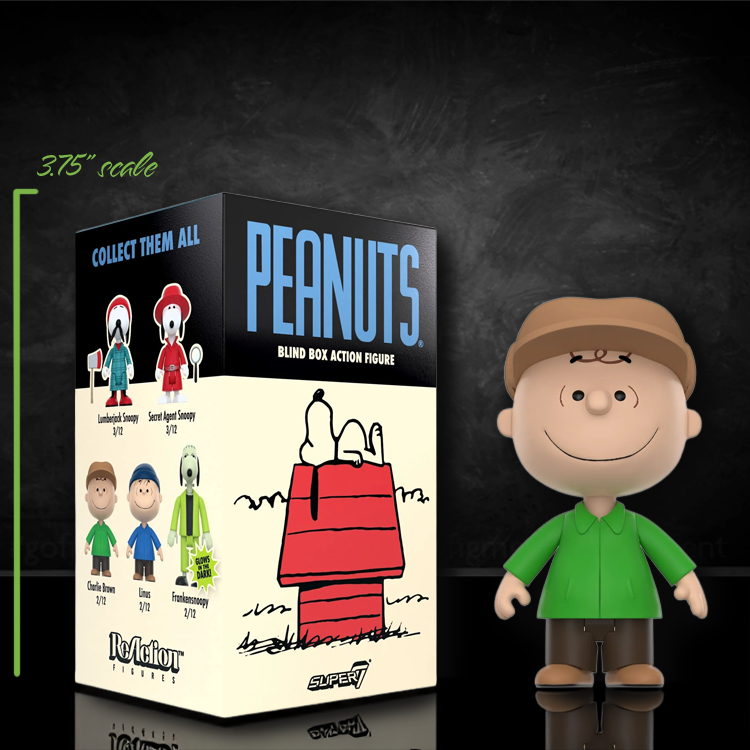 Super7 Peanuts Charlie Brown action figure in green coat next to blind box packaging with Snoopy illustration