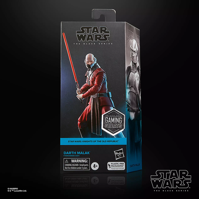 Hasbro Star Wars The Black Series Darth Malak figure packaging with red lightsaber and gaming greats emblem