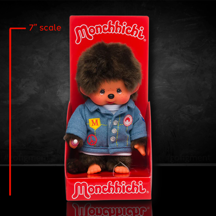 Official Sekiguchi 8-inch Monchhichi Boy doll wearing a miniature blue denim jacket, often searched as a Monchichi jean jacket plush.