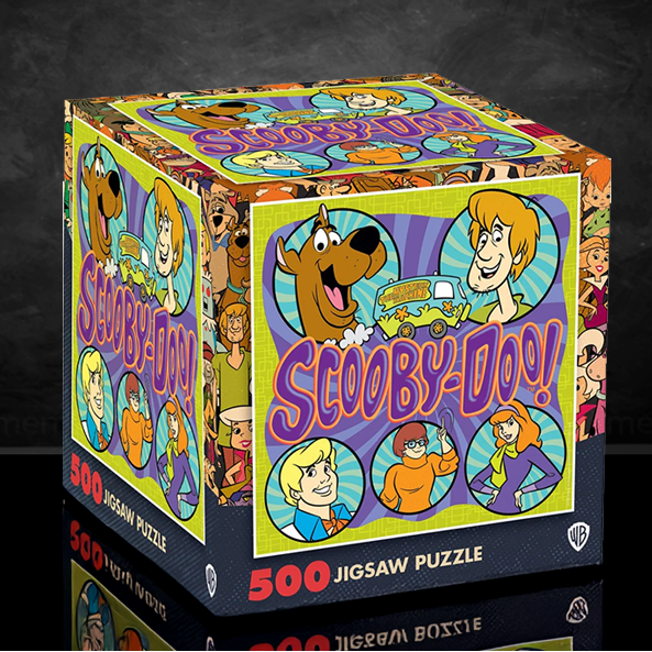 Master Pieces Scooby-Doo 500-piece jigsaw puzzle cube featuring classic characters and colorful mystery-themed artwork