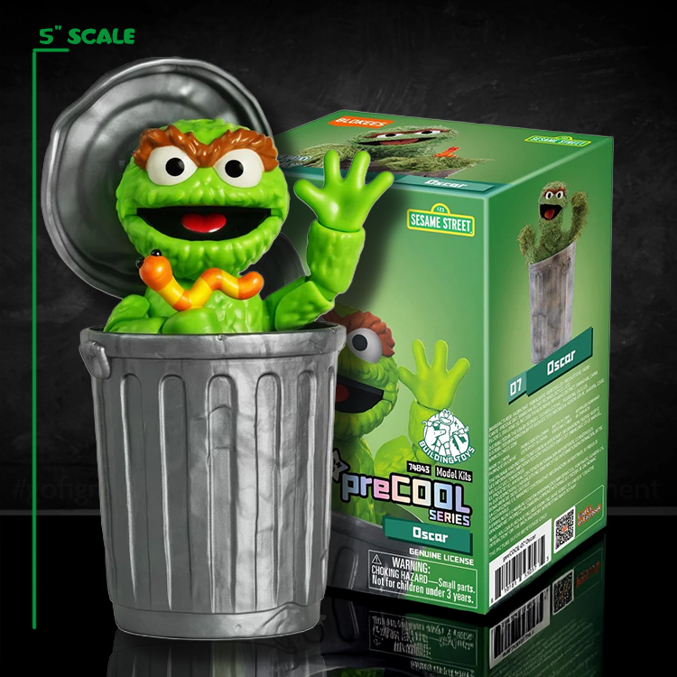 Blokees 5-inch Oscar the Grouch model kit from Sesame Street displayed in silver trash can with packaging box behind