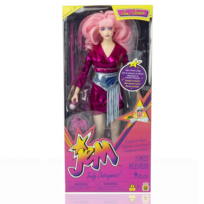 Jem and the Holograms "Jem" Fashion Doll Truly Outrageous 12 inch Doll by Loyal Subjects in pink outfit with microphone and speaker accessory