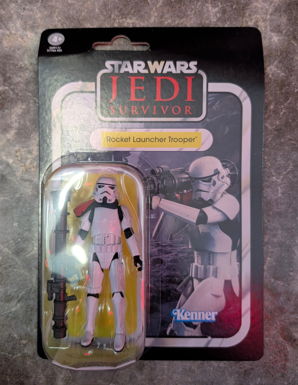 Star Wars The Vintage Collection 3 3/4-in Rocket Stormtrooper Action Figure (VC369)Not Mint by Kenner in retro Jedi Survivor packaging
