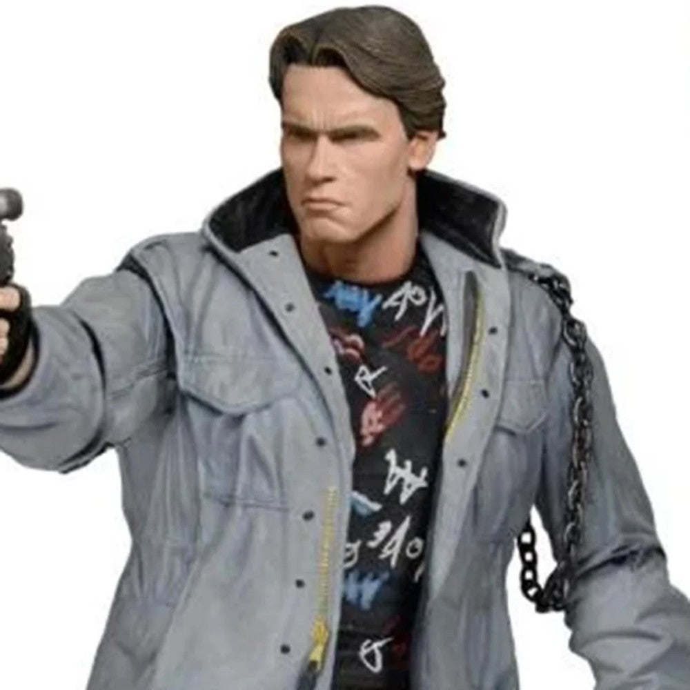 The Terminator T-800 Tech Noir Ultimate 7-Inch Scale Action Figure NECA in gray jacket holding a gun and chains.