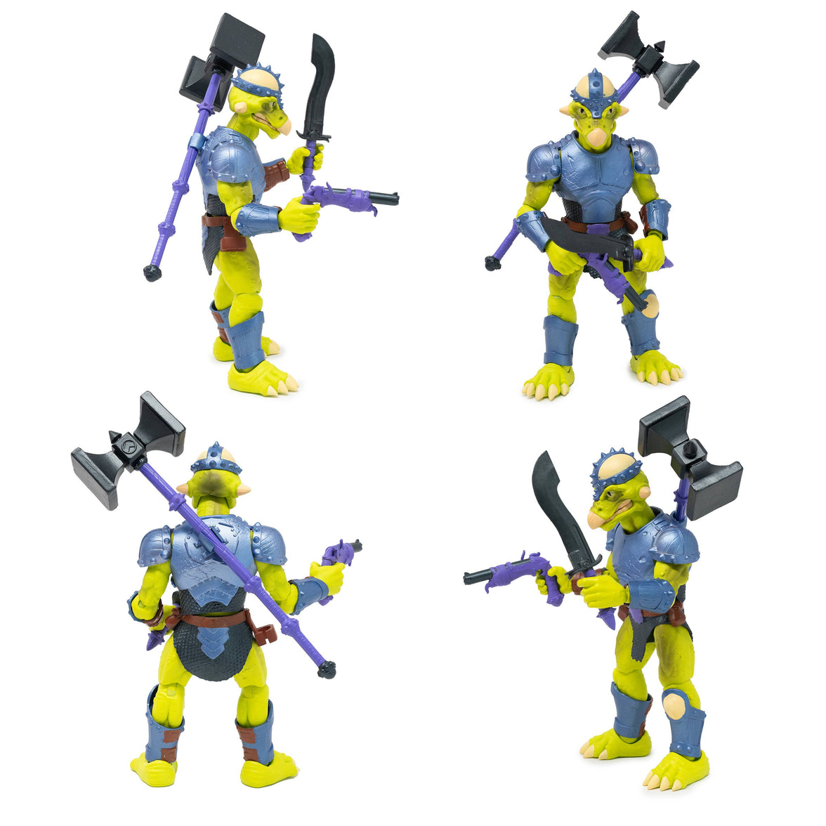 Articulated dinosaur warrior toy Seph Rasan in a charging pose with flintlock blaster and sword. Vibrant lime-green dinosaur soldier from the Saurozoic Warriors series.