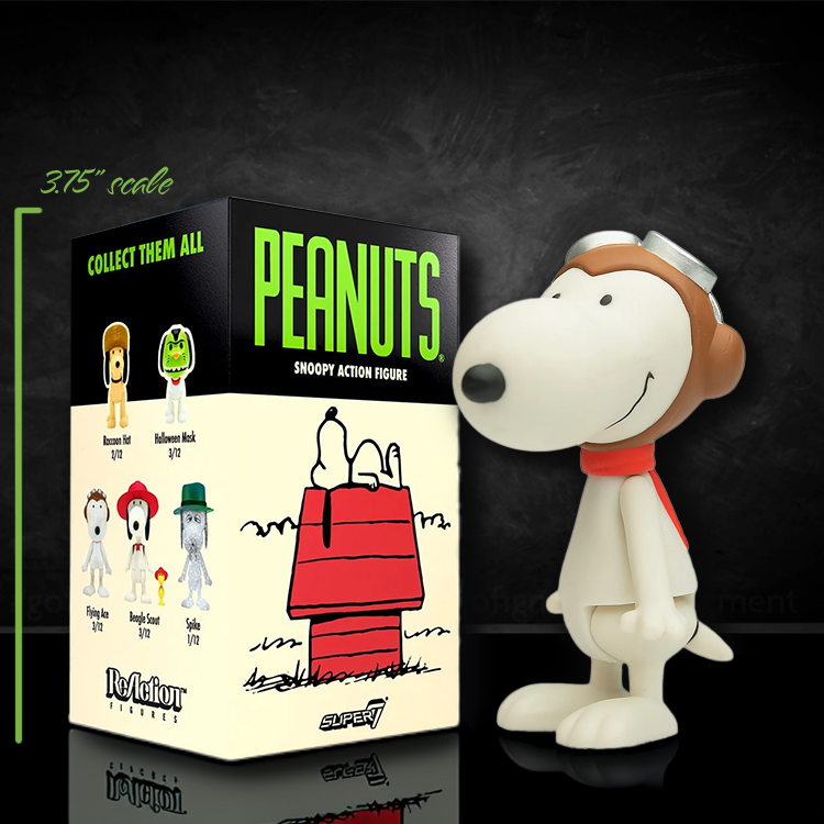 Super7 Flying Ace Snoopy 3.75 inch loose action figure standing next to Peanuts branded box with character lineup