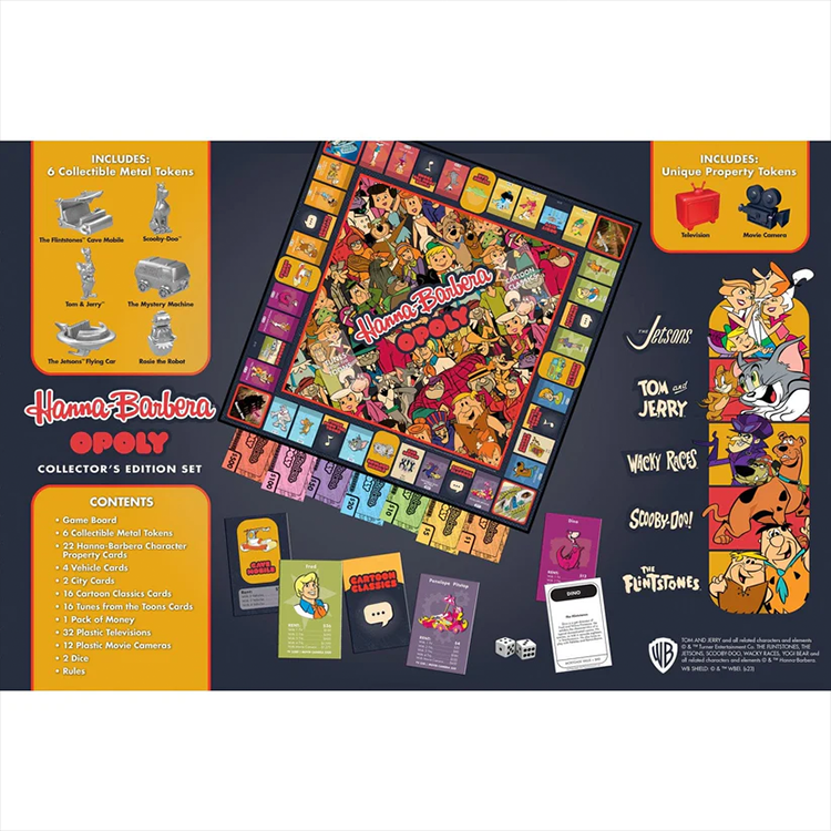 Hanna Barbera OPOLY board game spread with colorful game board, character cards, dice, and collector metal tokens by Hasbro