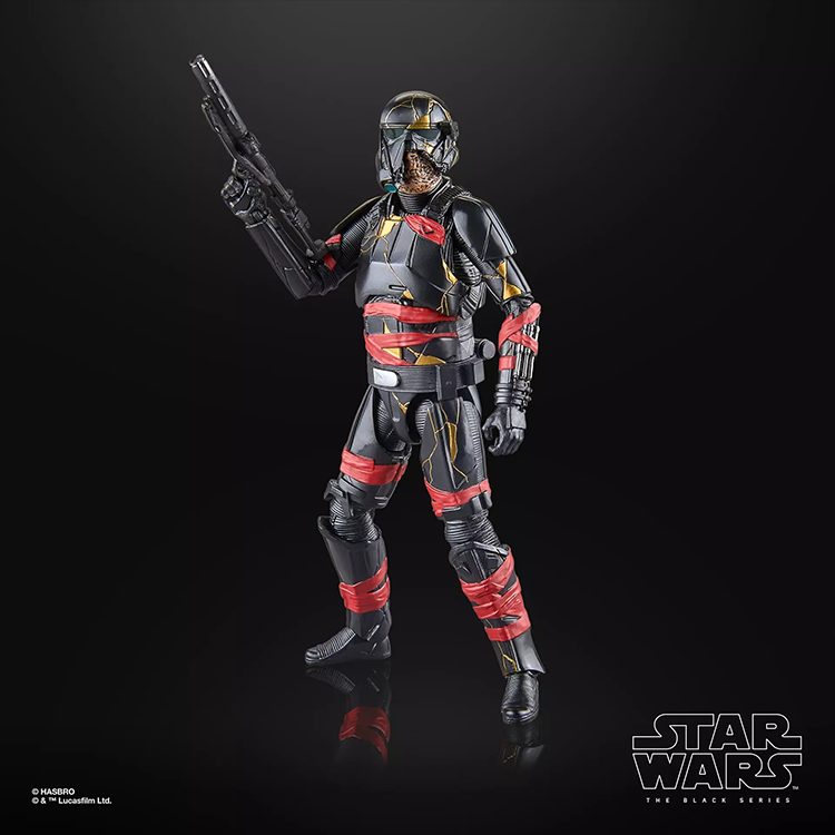 Hasbro Star Wars Black Series Night Trooper action figure with battle damage and detailed red and gold accents