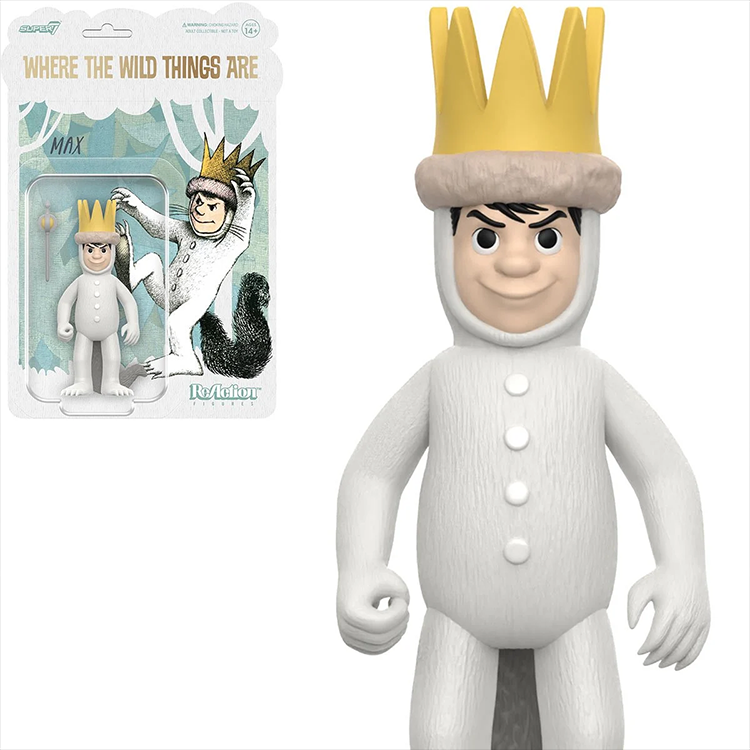 Where the Wild Things Are Max action figure 3.75-inch in white costume with yellow crown by Super7 in packaging and loose view