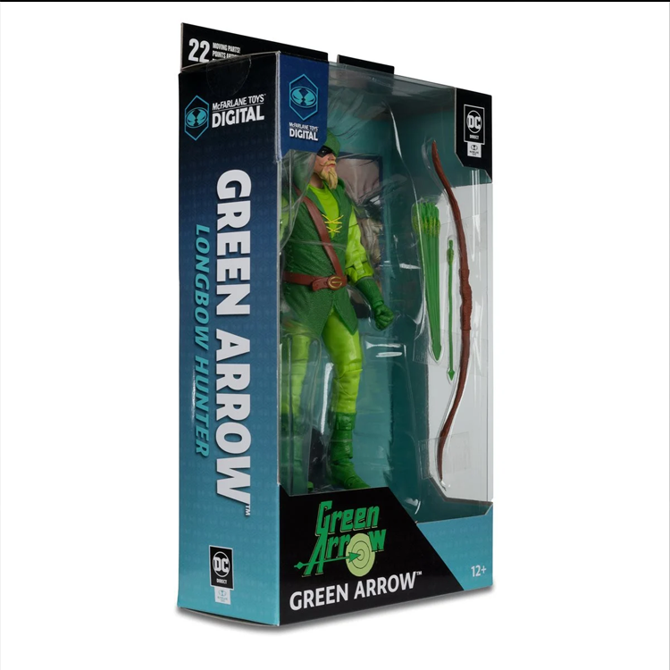 Green Arrow longbow hunter 7-inch action figure by McFarlane Toys in branded packaging with accessory bow and arrows
