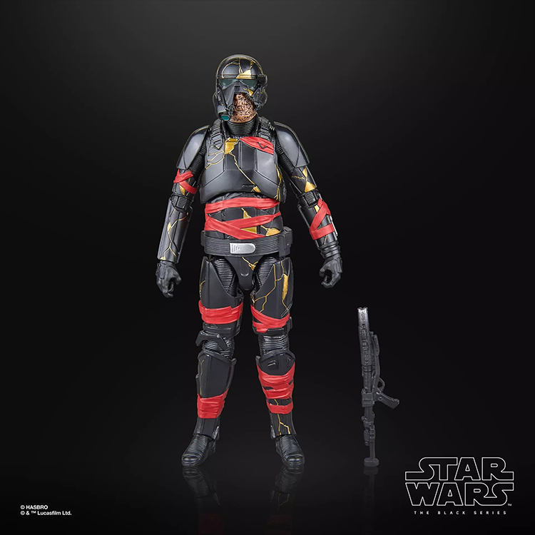 Hasbro Star Wars Black Series Night Trooper action figure with detailed armor, red markings, and separate blaster accessory
