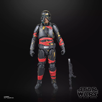 Hasbro Star Wars Black Series Night Trooper action figure with detailed armor, red markings, and accessory rifle on black background