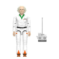 Super7 Back To The Future Doc Brown 1985 figure in white jumpsuit with green collar and remote control accessory