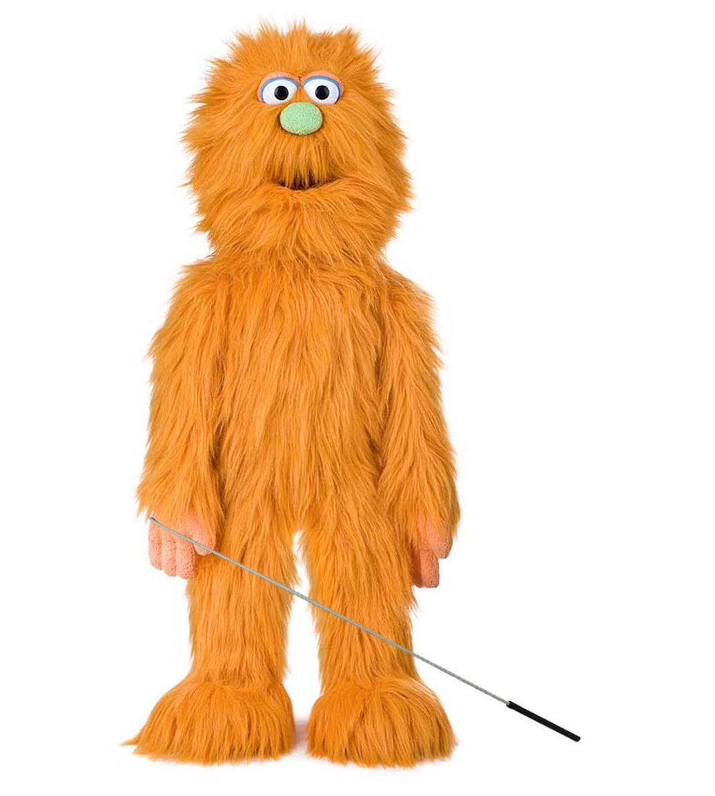Orange furry costume with a wand on a white background