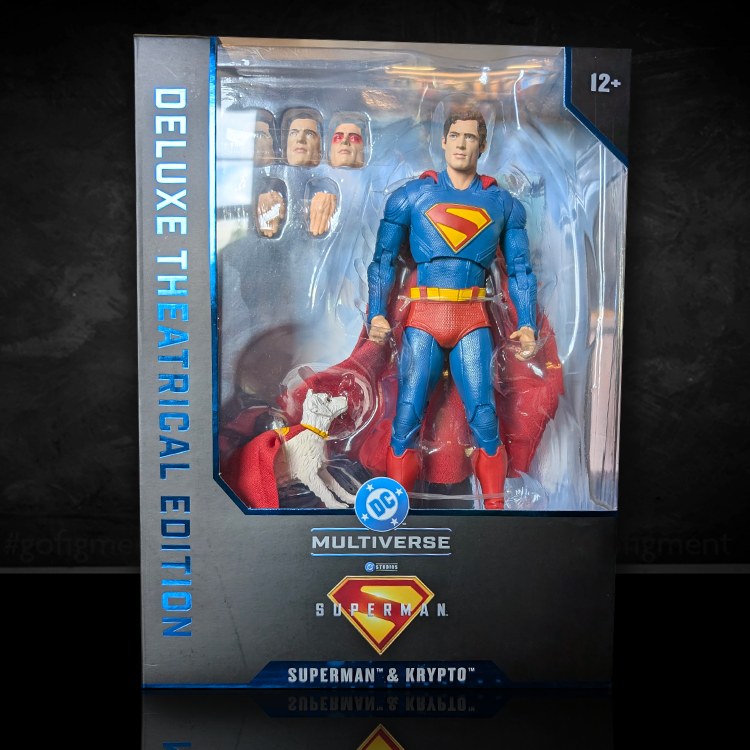 McFarlane Superman and Krypto action figures in theatrical edition packaging with interchangeable heads and cape details