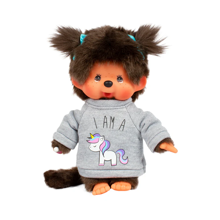 Official Sekiguchi 8-inch Monchhichi Girl Unicorn plush doll collectible, often searched as a pastel Monchichi toy.
