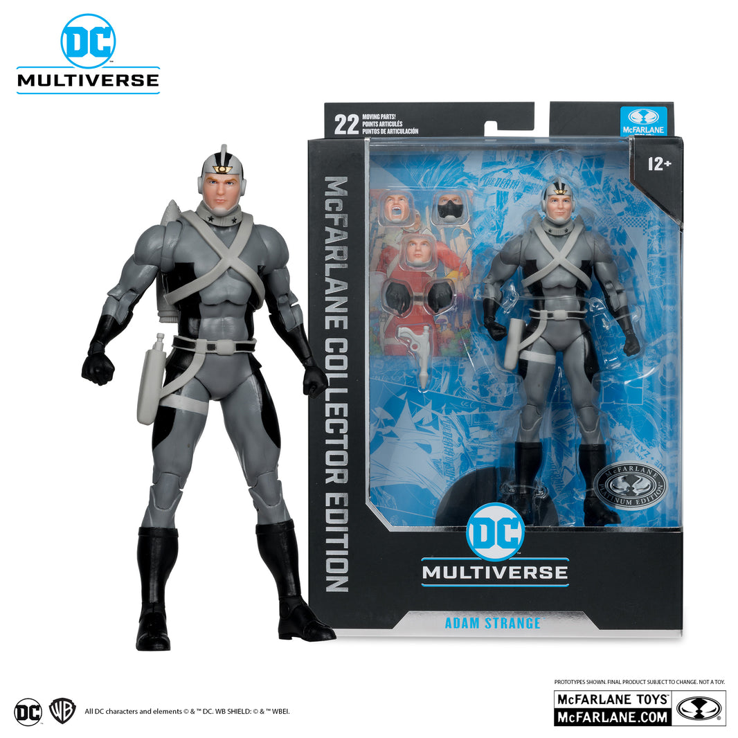 McFarlane DC Multiverse Adam Strange 7-inch action figure with extra hands and heads in collectible packaging