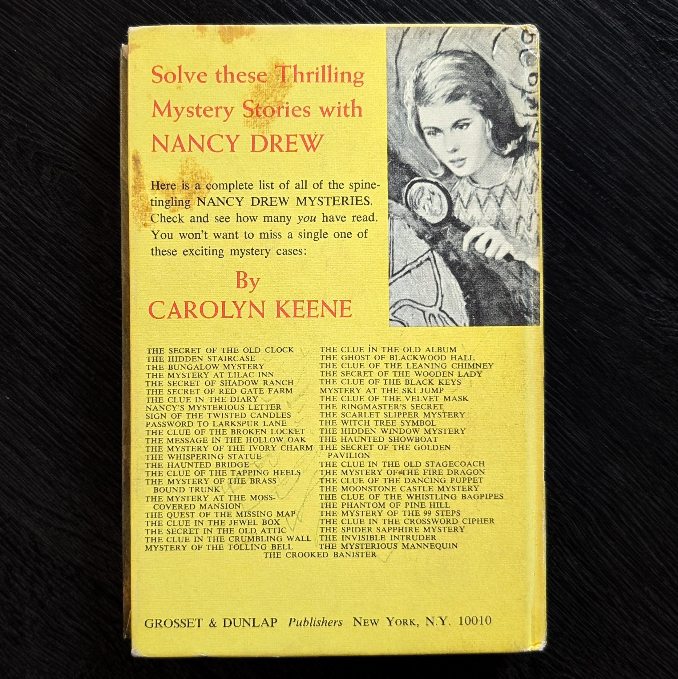 45 The Spider Sapphire Mystery Nancy Drew Mystery 1968 (yb-white-endpages) vintage Grosset & Dunlp, Inc. hardcover back cover