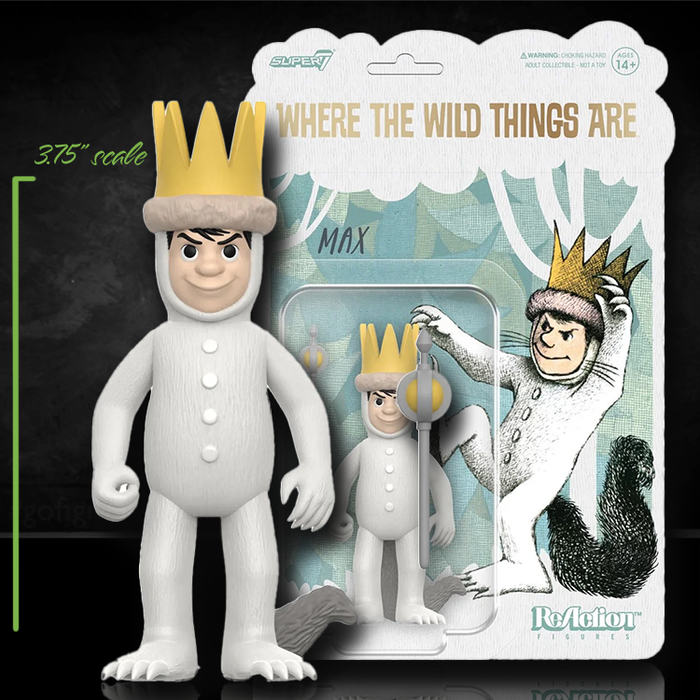 Super7 Where The Wild Things Are Max figure in white suit with gold crown and scepter in vintage style packaging