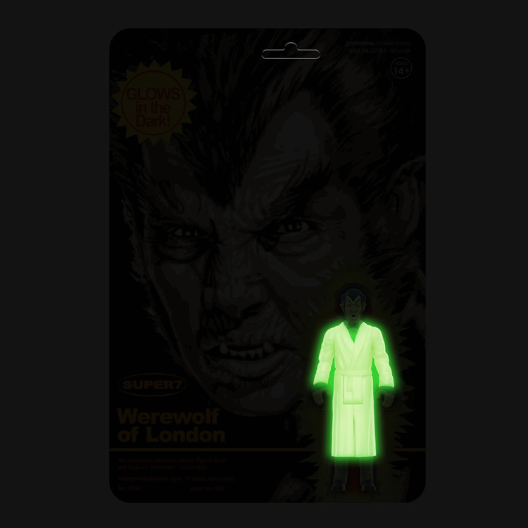 Super7 Werewolf of London 3 3/4-inch glow-in-the-dark action figure in bathrobe packaging close-up