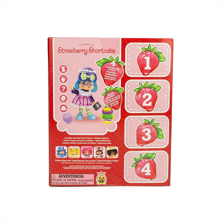 The World of Strawberry Shortcake Plum Pudding doll packaging back with numbered strawberry icons and collectible series info by Loyal Subjects