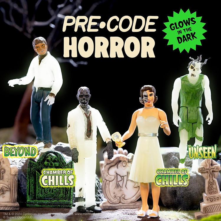 Set of four Super7 Pre-Code Horror glow-in-the-dark figures from Chamber of Chills with spooky graveyard backdrop