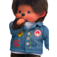 Official Sekiguchi 8-inch Monchhichi Boy doll wearing a miniature blue denim jacket, often searched as a Monchichi jean jacket plush.