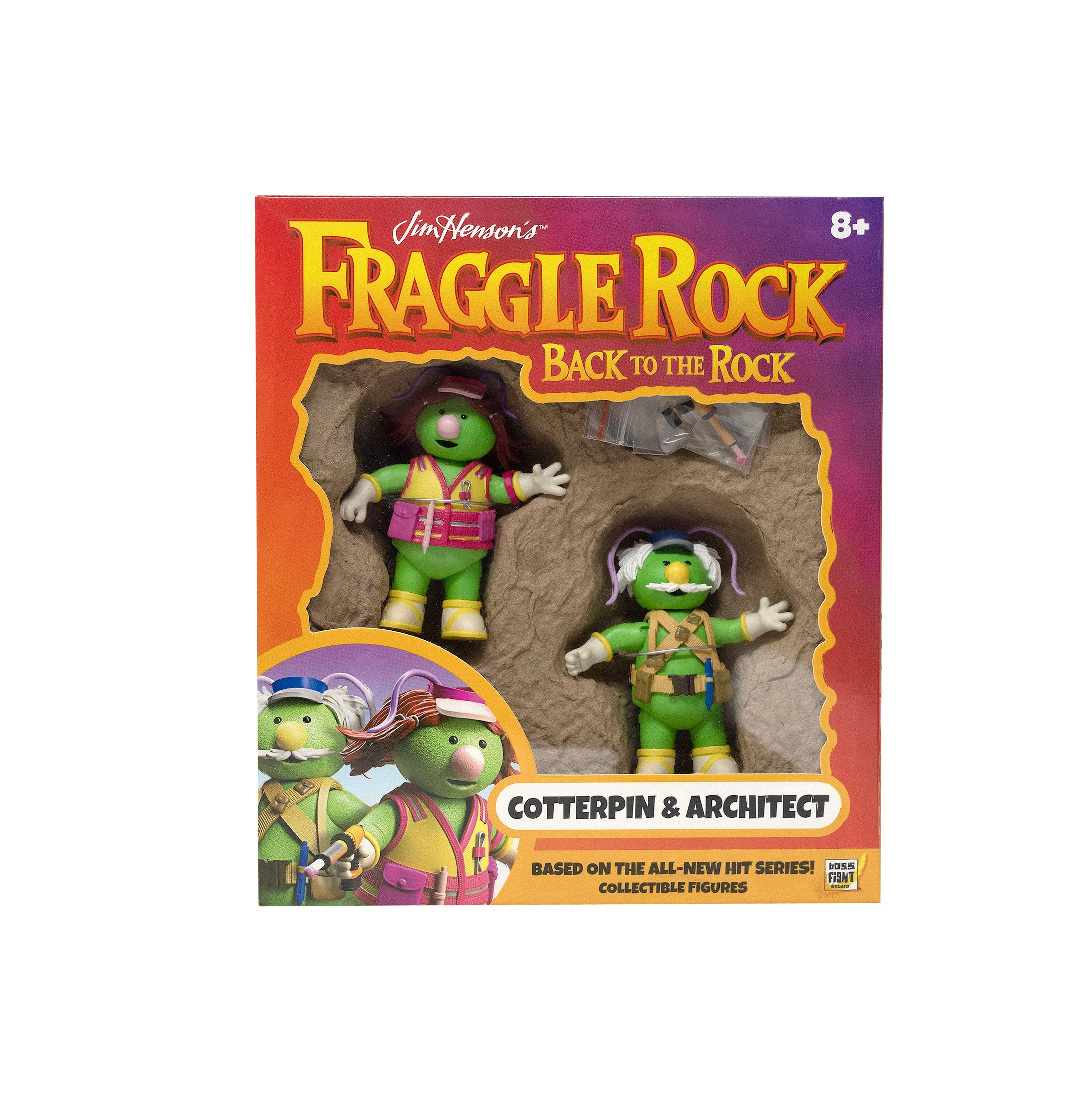 Boss Fight Studio Llc Fraggle Rock Cotterpin and Architect figures in green outfits with detailed accessories in packaging