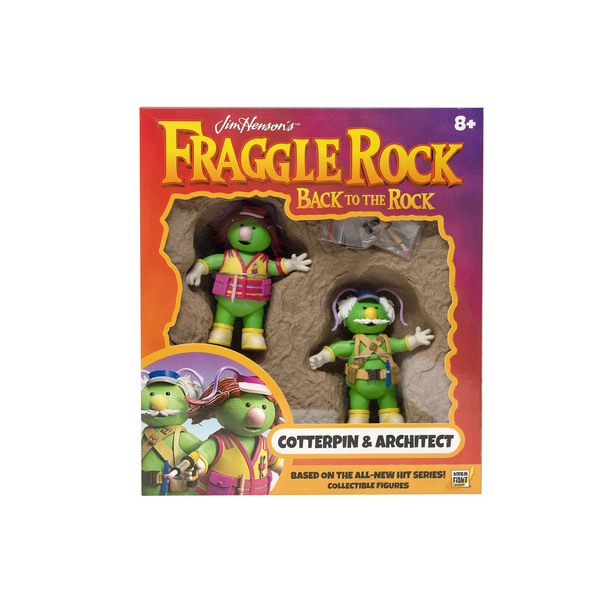 Boss Fight Studio Llc Fraggle Rock Cotterpin and Architect figures in green outfits with detailed accessories in packaging